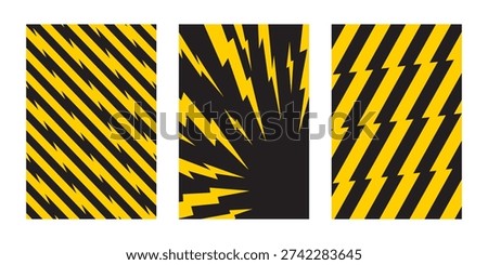 Set of vertical posters with thunder bolt effect. Yellow lightning shapes on black background. Wallpapers with manga style print. Flash electric light patterns. Vector flat illustration.