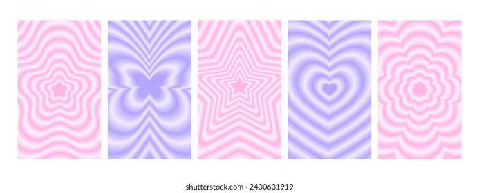 Set of vertical posters in trendy y2k style with gradient aura effect. Groovy flower, butterfly, star, heart backgrounds. Blurry holographic design in 90s vibe. Vector aesthetic illustration