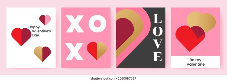 Set of vertical posters for Valentine's Day, in a modern trendy geometric style. Ideal for covers, posters, advertising. Vector illustration.