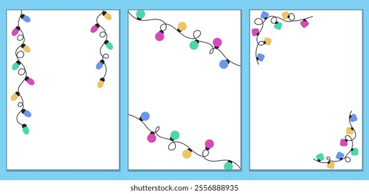 Set of vertical posters with wavy garland lights. Christmas, wedding or birthday celebration vector templates with empty space for text.
