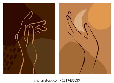 Afiches verticales con las manos de las mujeres dibujadas con una línea con puntos abstractos, luna, sol. Fondo de moda para las portadas de cuadernos, folletos, catálogos. La decoración de las paredes. Ilustración vectorial plana.