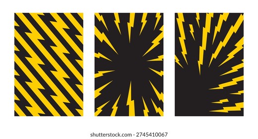 Set of vertical posters with yellow thunderbolt zigzag shapes on black background. Wallpapers with danger or shock manga style print. Flash electric light patterns. Vector flat illustration.