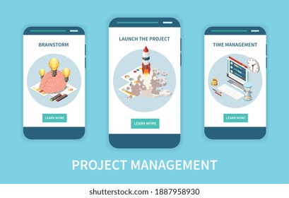 Reihe vertikaler Projektmanagement-Banner mit isometrischen Bildern von Brainstorm und Raketenstart mit Schaltflächen, Vektorgrafik