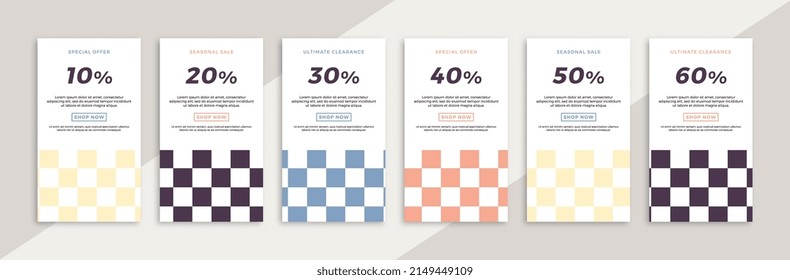 Set of vertical promotion web banners for social media mobile app stories. Modern sale and discount promo backgrounds with geometric pattern. Vector editable background EPS 10