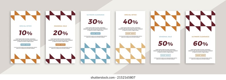 Conjunto de banners web promocionales verticales con patrón geométrico. Elegante venta y descuento de antecedentes promocionales para historias de aplicaciones móviles de medios sociales. EPS de fondo modificable del vector 10
