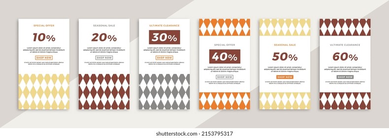 Set of vertical promotional web banners with geometric pattern. Trendy sale and discount promo backgrounds for social media mobile app stories. Vector editable background EPS 10