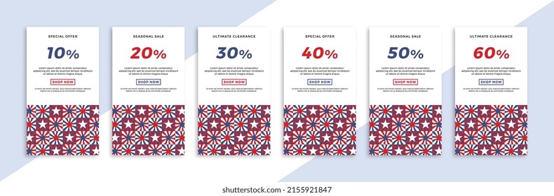 Set of vertical promotional web banners with stars geometric pattern. Patriotic sale and discount promo backgrounds for social media mobile app stories. Vector editable background EPS 10