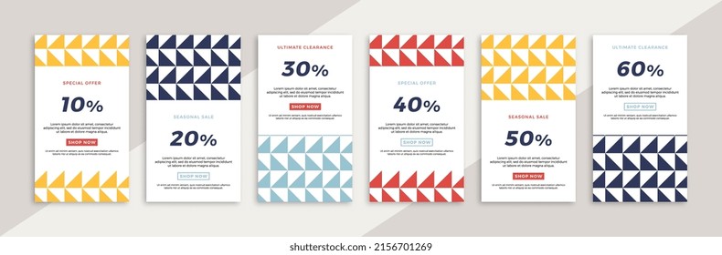 Conjunto de banners web promocionales verticales con patrón geométrico. Venta de moda y descuento promociones de antecedentes creativos para historias de aplicaciones móviles de medios sociales. EPS de fondo modificable del vector 10