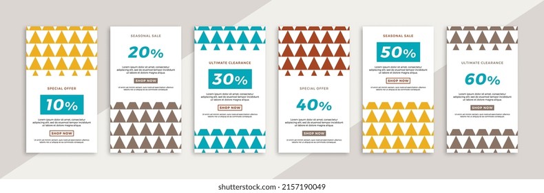 Set of vertical promotional web banners with geometric pattern. Trendy sale and discount promo creative backgrounds for social media mobile app stories. Vector editable background EPS 10