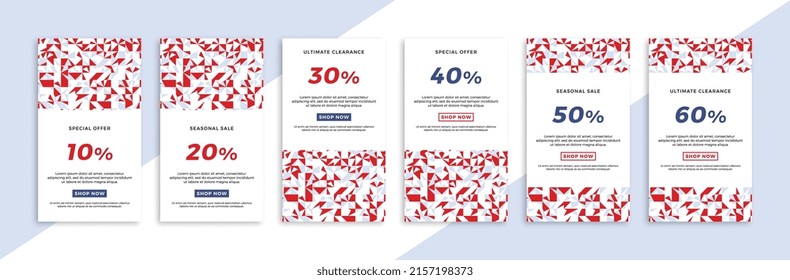 Set of vertical promotional web banners with abstract geometric pattern. Trendy sale and discount promo backgrounds for social media mobile app stories. Vector editable background EPS 10