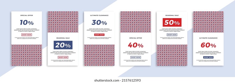 Conjunto de banners web promocionales verticales con patrón geométrico de estrellas. Venta patriótica y antecedentes de promoción de descuento para historias de aplicaciones móviles de medios sociales. EPS de fondo modificable del vector 10