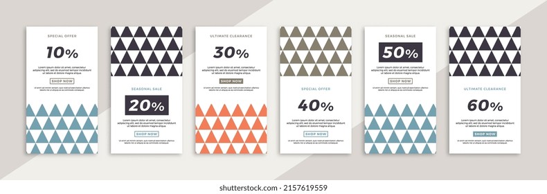 Set of vertical promotional web banners with geometric pattern. Trendy sale and discount promo creative backgrounds for social media mobile app stories. Vector editable background EPS 10
