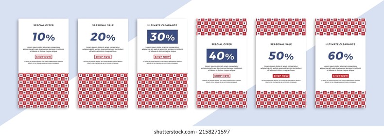 Set of vertical promotional web banners with stars geometric pattern. Patriotic sale and discount promo backgrounds for social media mobile app stories. Vector editable background EPS 10