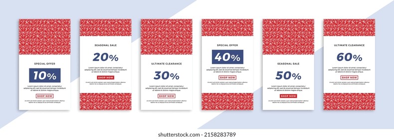 Set of vertical promotional web banners with abstract geometric pattern. Trendy sale and discount promo backgrounds for social media mobile app stories. Vector editable background EPS 10