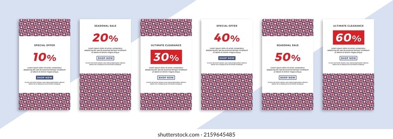 Set of vertical promotional web banners with stars geometric pattern. Patriotic sale and discount promo backgrounds for social media mobile app stories. Vector editable background EPS 10