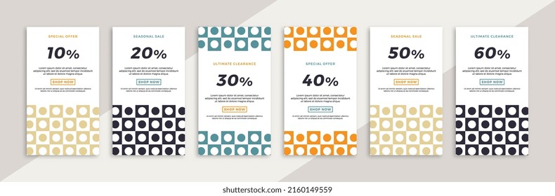 Set of vertical promotional web banners with geometric pattern. Trendy sale and discount promo creative backgrounds for social media mobile app stories. Vector editable background EPS 10