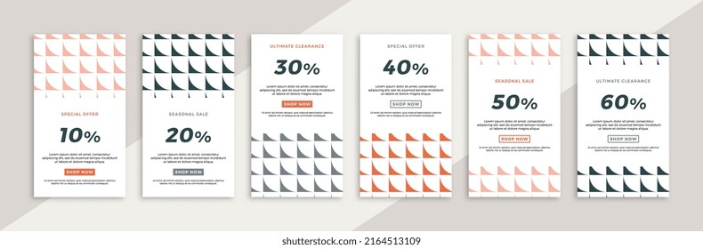 Conjunto de banners web promocionales verticales con patrón geométrico. Venta de moda y descuento promociones de antecedentes creativos para historias de aplicaciones móviles de medios sociales. EPS de fondo modificable del vector 10