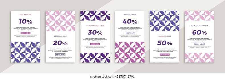 Set of vertical promotional web banners with creative geometric pattern. Modern sale and discount promo elegant backgrounds for social media mobile app stories. Vector editable background EPS 10