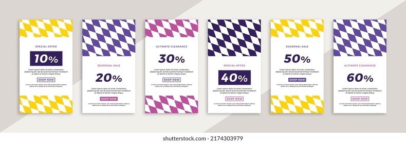 Conjunto de banners web promocionales verticales con patrón geométrico. Venta de moda y descuento promociones de antecedentes creativos para historias de aplicaciones móviles de medios sociales. EPS de fondo modificable del vector 10