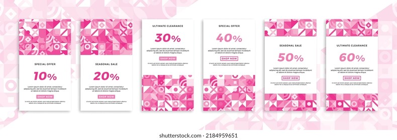 Set of vertical promotional web banners with Bauhaus geometric pattern. Elegant pinkish sale and discount promo backgrounds for social media mobile app stories. Vector editable background EPS 10