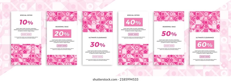 Set of vertical promotional web banners with Bauhaus geometric pattern. Elegant pinkish sale and discount promo backgrounds for social media mobile app stories. Vector editable background EPS 10