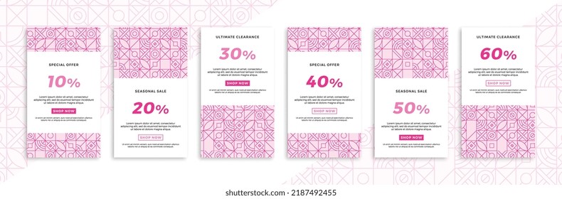 Set of vertical promotional web banners with Bauhaus geometric pattern. Elegant pinkish sale and discount promo backgrounds for social media mobile app stories. Vector editable background EPS 10