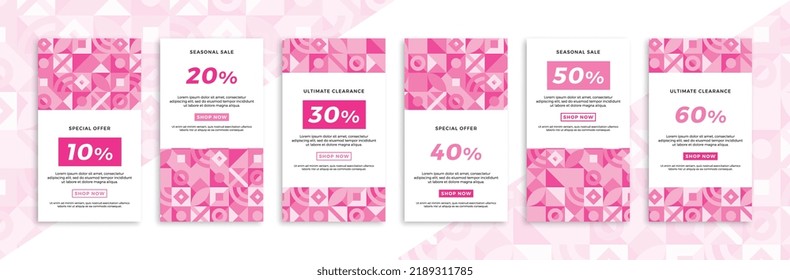 Set of vertical promotional web banners with Bauhaus geometric pattern. Elegant pinkish sale and discount promo backgrounds for social media mobile app stories. Vector editable background EPS 10