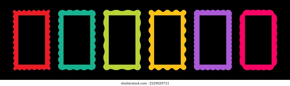 Set of vertical rectangle frames with wavy edges. Mirror, picture or photo rectangle frames with wavy borders. 