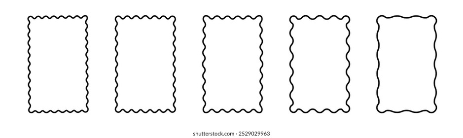 Set of vertical rectangle frames with wavy edges. Mirror, picture or photo rectangle frames with wavy borders. 