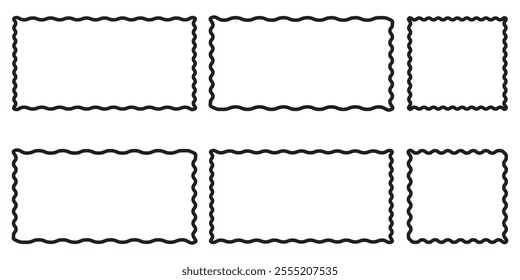 Set of vertical rectangle frames with wavy edges. Rectangular shapes with curvy borders. Mirror, picture or photo frameworks. Empty text boxes isolated on white background. Vector graphic illustration