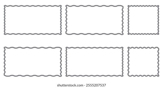 Set of vertical rectangle frames with wavy edges. Rectangular shapes with curvy borders. Mirror, picture or photo frameworks. Empty text boxes isolated on white background. Vector graphic illustration