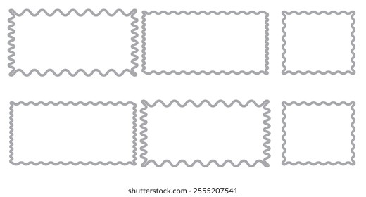 Set of vertical rectangle frames with wavy edges. Rectangular shapes with curvy borders. Mirror, picture or photo frameworks. Empty text boxes isolated on white background. Vector graphic illustration