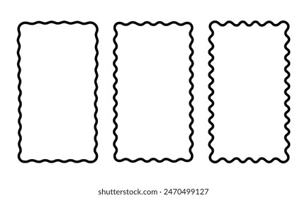 Set of vertical rectangle frames with wiggly edges. Rectangular shapes with scalloped borders. Mirror, picture or photo frameworks or boxes isolated on white background. Vector graphic illustration.