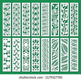 Set of vertical rectangular panels, lattice, bookmark. Decorative elements with floral ornaments, floral motifs, leaves, flowers, butterflies. Spring, summer themes. Template for plotter laser cutting