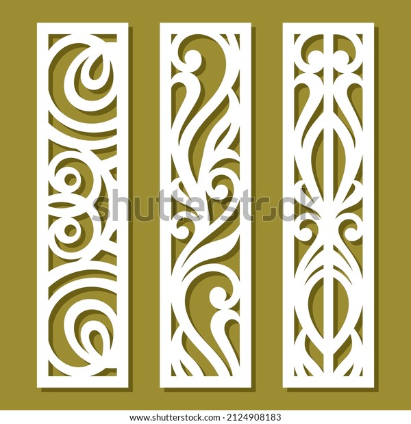 Set of vertical rectangular panels,\
lattice, bookmark. Decorative elements with a carved pattern.\
Template for plotter laser cutting of paper, metal engraving, wood\
carving, cnc. Vector\
illustration.