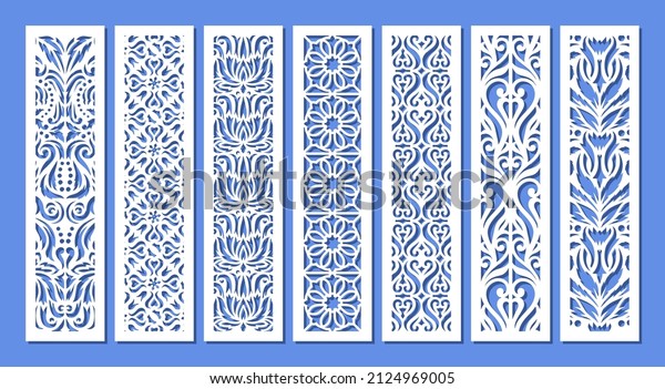 Set of vertical rectangular panels,\
lattice, bookmark. Decorative elements with a floral pattern.\
Template for plotter laser cutting of paper, metal engraving, wood\
carving, cnc. Vector\
illustration.