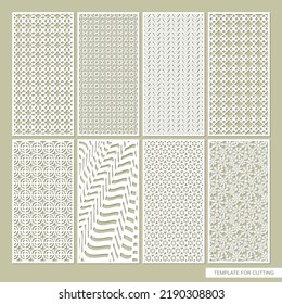 Set of vertical rectangular panels. Stencils, lattices, screens with geometric patterns, floral ornaments, lines. Vector template for plotter laser cutting of paper, metal engraving, wood carving, cnc