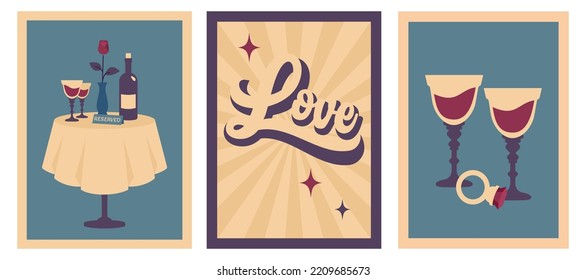 Afiches retro verticales con mesa de restaurante, vino, vidrio, flor, anillo. Tarjeta de San Valentín. Ilustración vectorial vintage para vacaciones, cena romántica, fiesta, boda, citas, invitación