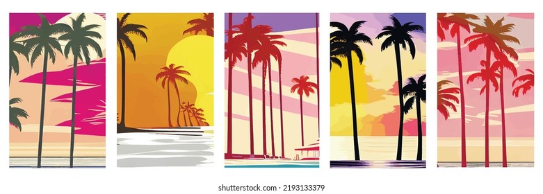 Set vertical retro sunset posters set 80s   90s style and palm trees beach  Abstract background and sunny gradient  Palm trees silhouettes  design template for logo Summer vacation  Seaside view