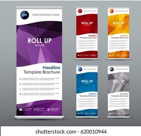 Set of vertical roll up banners. Templates, vertical brochures, with colored polygonal elements in the form of a wave. Vector illustration.