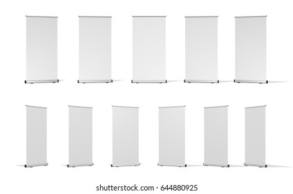 Set of Vertical Roll-up banner or an advertising banner. Different angles. Isolated on white background.