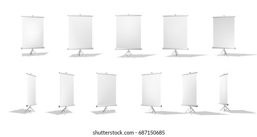 Set of Vertical Roll-up banner on a stand or an advertising banner. Different angles. Isolated on white background.