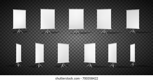 Set of Vertical Roll-up banner on a stand or an advertising banner. Different angles. Isolated on transparent background.