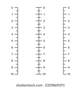 Set of vertical ruler scales with 10 cm markup. Measuring charts in centimeters. Distance, height or length measurement math or sewing tools. Vector graphic illustration