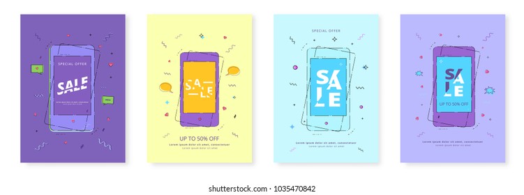 Set of vertical Sale banners with phone. Sliced text style. Element for graphic design - ad, poster, flyer, tag, coupon, card. Vector illustration.