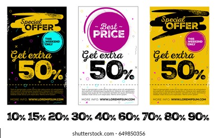 Set of Vertical Sale Posters. Background with Grunge Texture and Memphis Style Pattern. Special Offer Tag, This Weekend Only Label. Vector Template for Shop, Market, Flyer, Banner, Advertising.