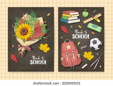 Set Of Vertical School Poster Or Banner With Hand Drawn School Elements. Vector Illustration