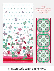 Set of  vertical seamless black floral pattern with red pink green strawberries, butterfly and flowers also ornate border (edging ). Hand drawn texture for clothes, bedclothes, fabric of the dress etc