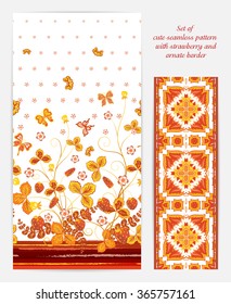 Set of  vertical seamless black floral pattern with orange red strawberries, butterfly and flowers also ornate border (edging ). Hand drawn texture for clothes, bedclothes, fabric of the dress etc.