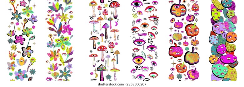 Conjunto de borde vertical sin soldadura con palillos, ojos, flores y setas en el colorido estilo doodle